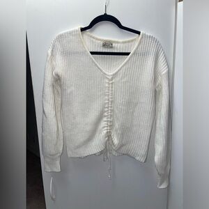 White Cinched Front Tie Sweater